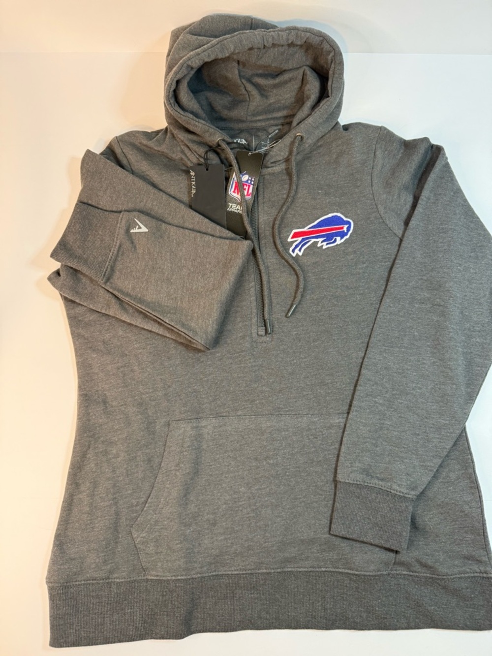 NEW Women's Antigua Large Pewter Buffalo Bills Action Half-Zip Hoodie